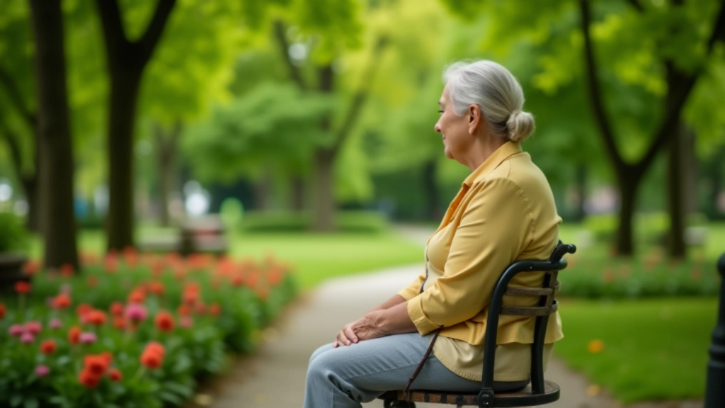 Seniorka sází na lavičce v parku, kolem ní zelené stromy a květiny