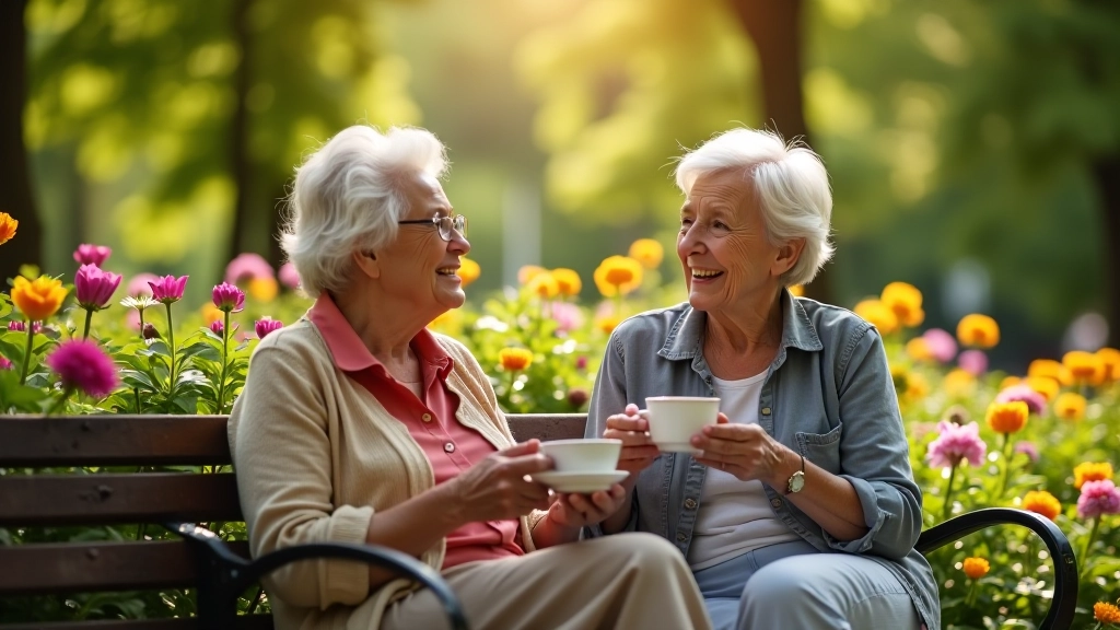 Dvě seniorky si užívají čaje na lavičce v parku s kvetoucími květinami kolem